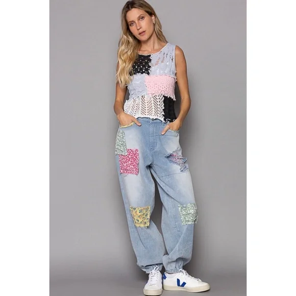 POL Light Wash Patchwork Boyfriend Jogger Jeans Lightweight - Picture 11 of 13